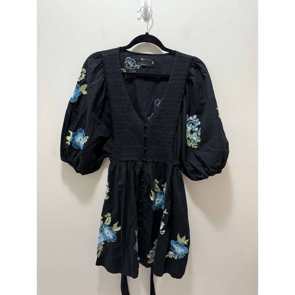 ASOS Design Black Puff Sleeve Mini Dress with Blue‎ Floral Embroidery – Size 8